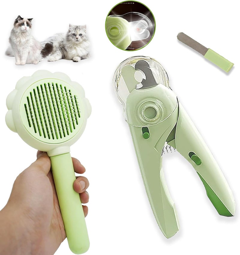 Foomegik Self Cleaning Cat Brush for Shedding, Nail Clipper with LED Light and Nail File, Slicker Brushes and Nail Trimmer for Long Haired Cats (Not Included LR44 Button Cells), Grooming Kit, Cat Lover Gifts - Image 1